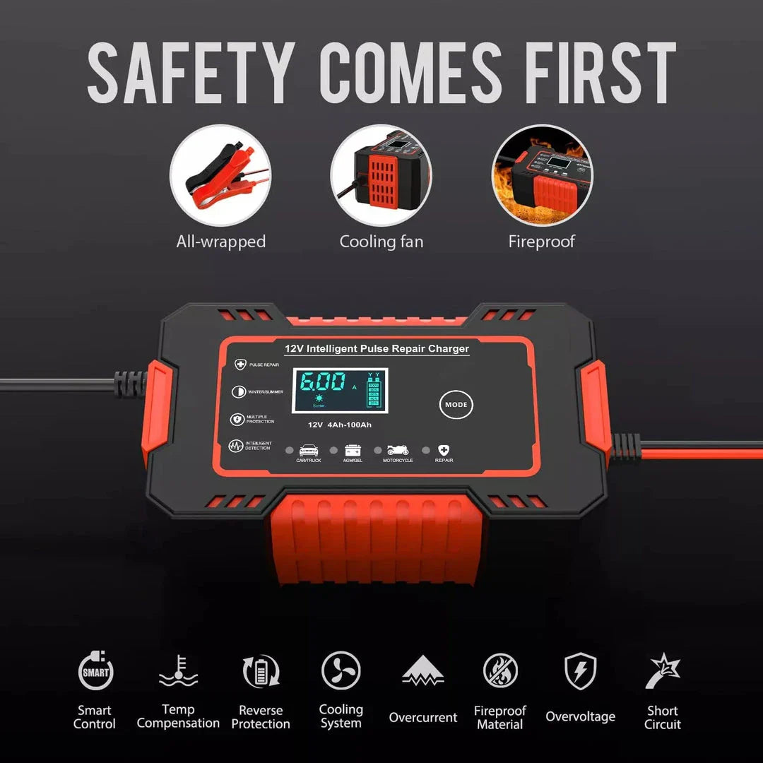 12V Automatic Battery Charger with Digital Display - Compact and Lightweight Design for Efficient Lead-Acid Battery Charging and Repair