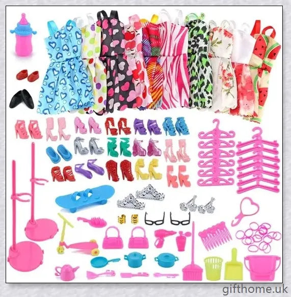 An assortment of 85 Barbie doll accessories including dresses, shoes, jewellery, and other fashion items