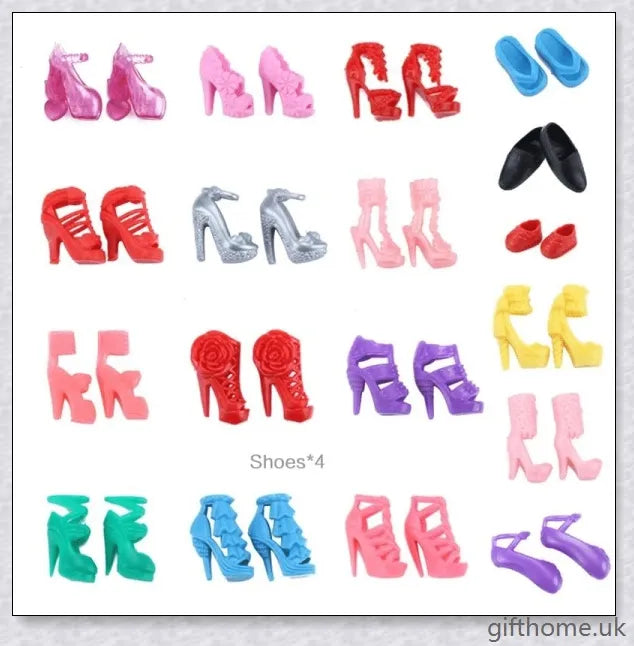 An assortment of 85 Barbie doll accessories including dresses, shoes, jewellery, and other fashion items