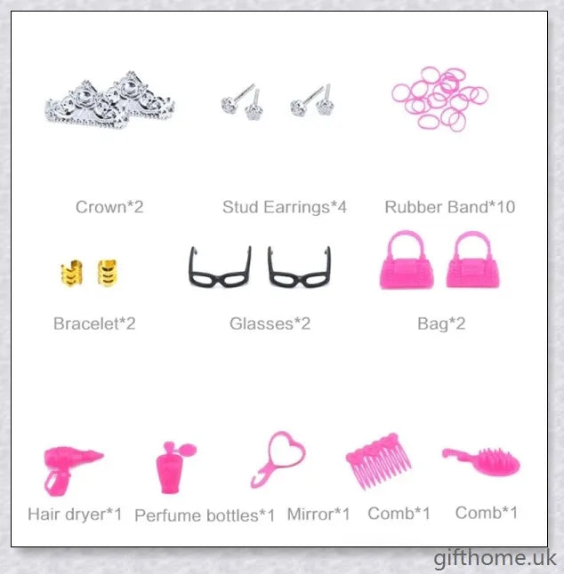 An assortment of 85 Barbie doll accessories including dresses, shoes, jewellery, and other fashion items