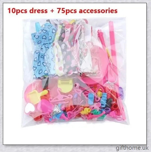An assortment of 85 Barbie doll accessories including dresses, shoes, jewellery, and other fashion items