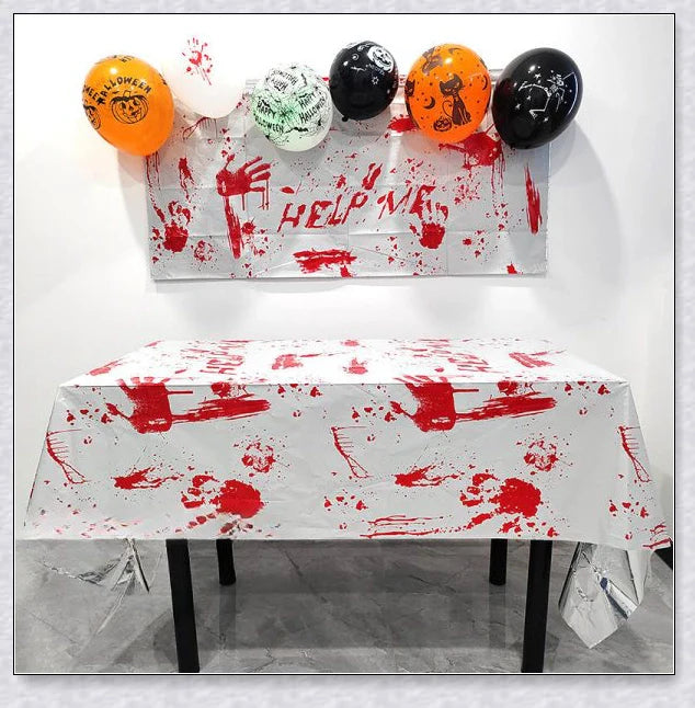 Tablefear Halloween Horror Party Tablecloth with spooky bat and pumpkin design