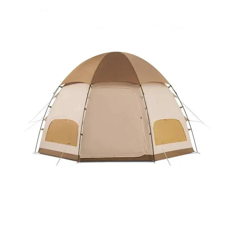 Octagonal multi-window ventilation mushroom-shaped camping tent with dark brown colour and multiple windows for excellent airflow