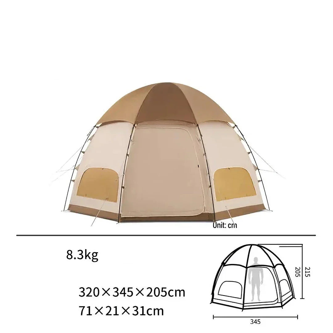 Octagonal multi-window ventilation mushroom-shaped camping tent with dark brown colour and multiple windows for excellent airflow
