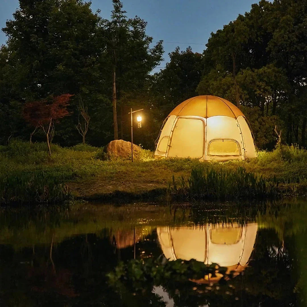 Octagonal multi-window ventilation mushroom-shaped camping tent with dark brown colour and multiple windows for excellent airflow