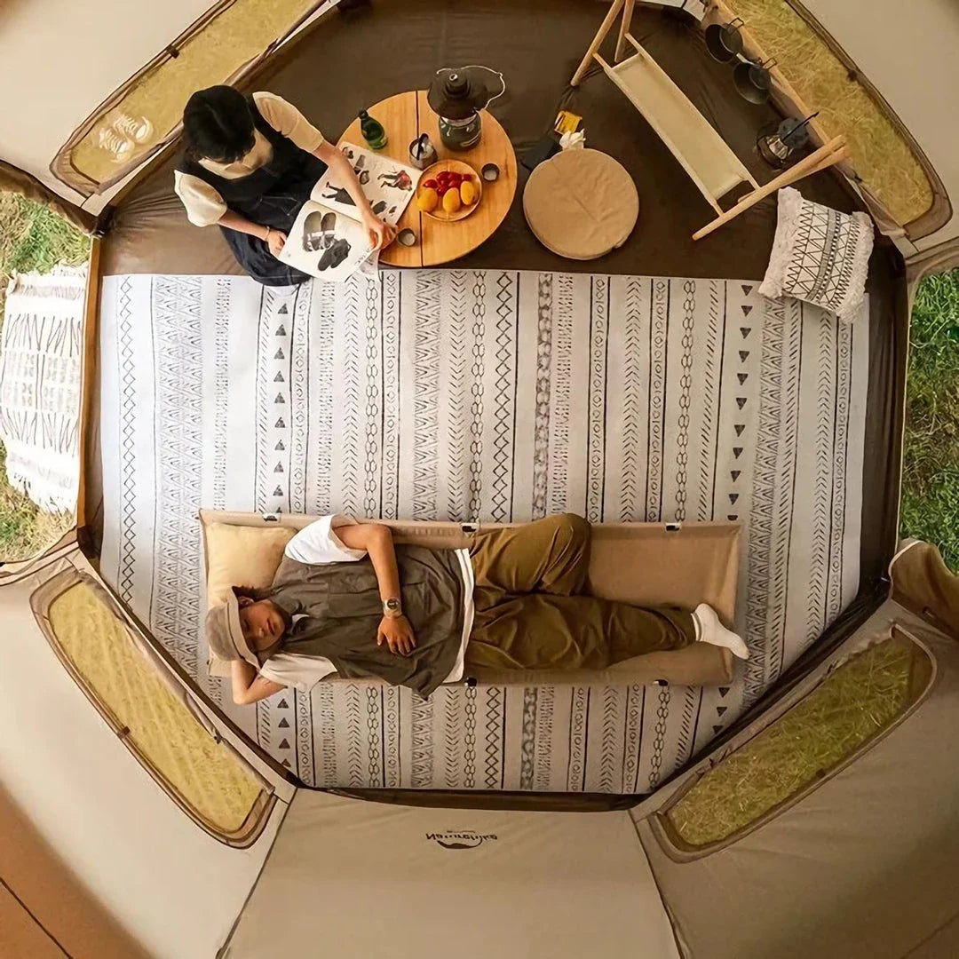Octagonal multi-window ventilation mushroom-shaped camping tent with dark brown colour and multiple windows for excellent airflow