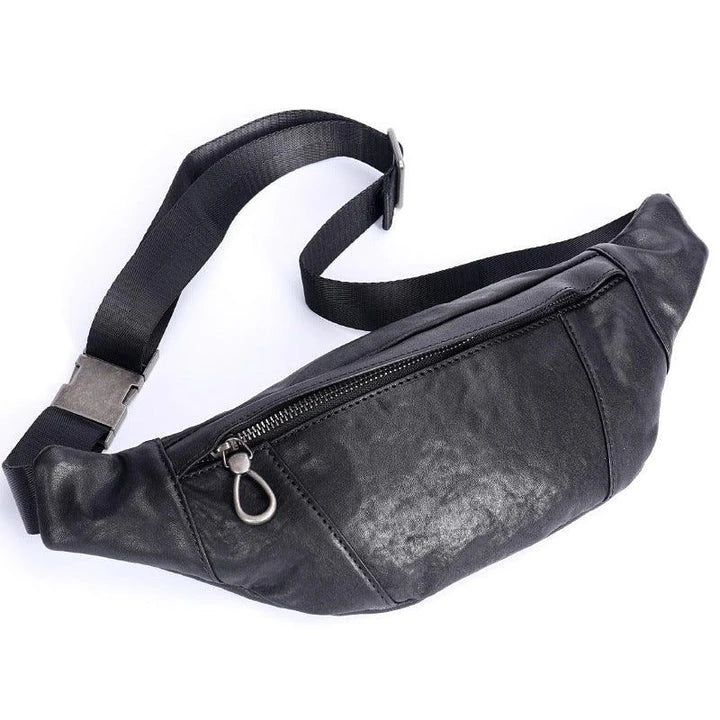 A premium black leather sports waist pack with multiple pockets and an adjustable strap for hands-free mobility and convenience.