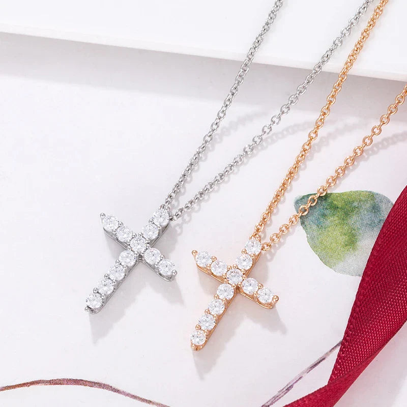 Elegant silver cross pendant necklace with inlaid diamonds in platinum or rose gold finish