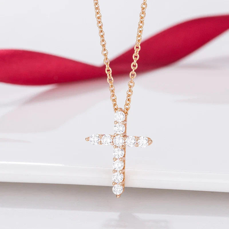Elegant silver cross pendant necklace with inlaid diamonds in platinum or rose gold finish