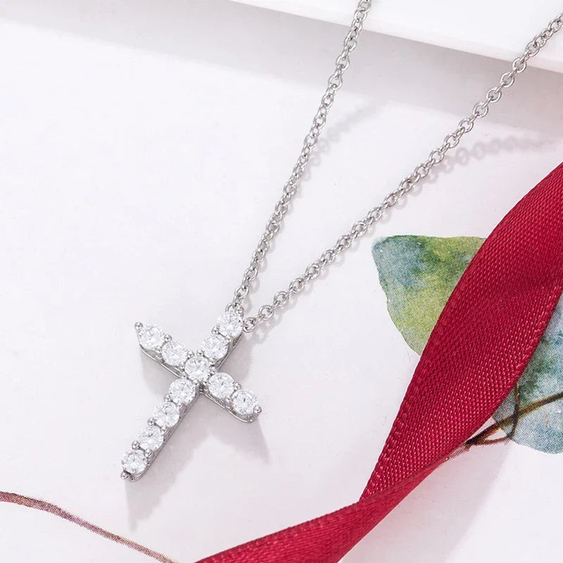 Elegant silver cross pendant necklace with inlaid diamonds in platinum or rose gold finish
