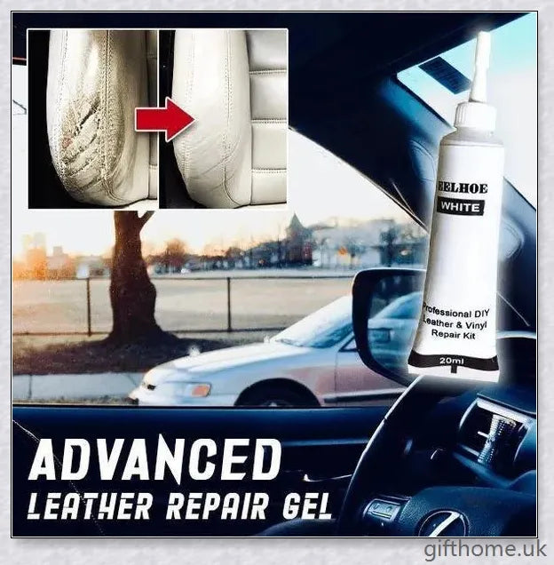 A tube of Advanced Leather Repair Gel in black and white colours, used to restore and repair leather surfaces such as furniture, car seats, and accessories.