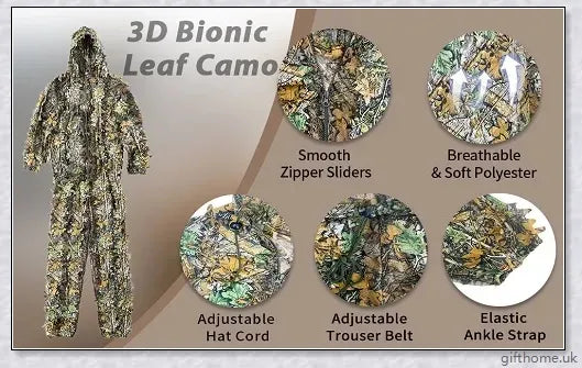 Ghillie Camouflage Camo Suit with 3D leaf pattern for seamless blending in natural environments