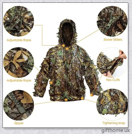 Ghillie Camouflage Camo Suit with 3D leaf pattern for seamless blending in natural environments