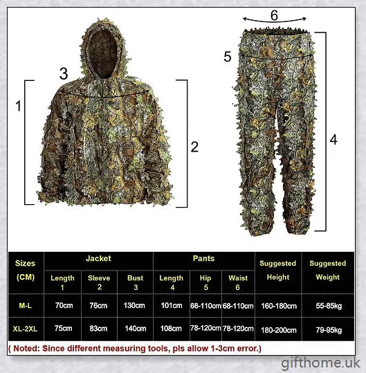 Ghillie Camouflage Camo Suit with 3D leaf pattern for seamless blending in natural environments