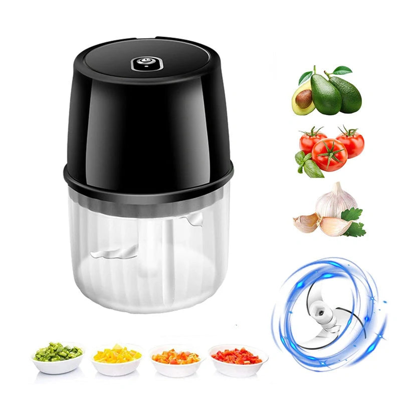 Compact, USB-rechargeable electric garlic chopper with stainless steel blades and detachable design for easy cleaning
