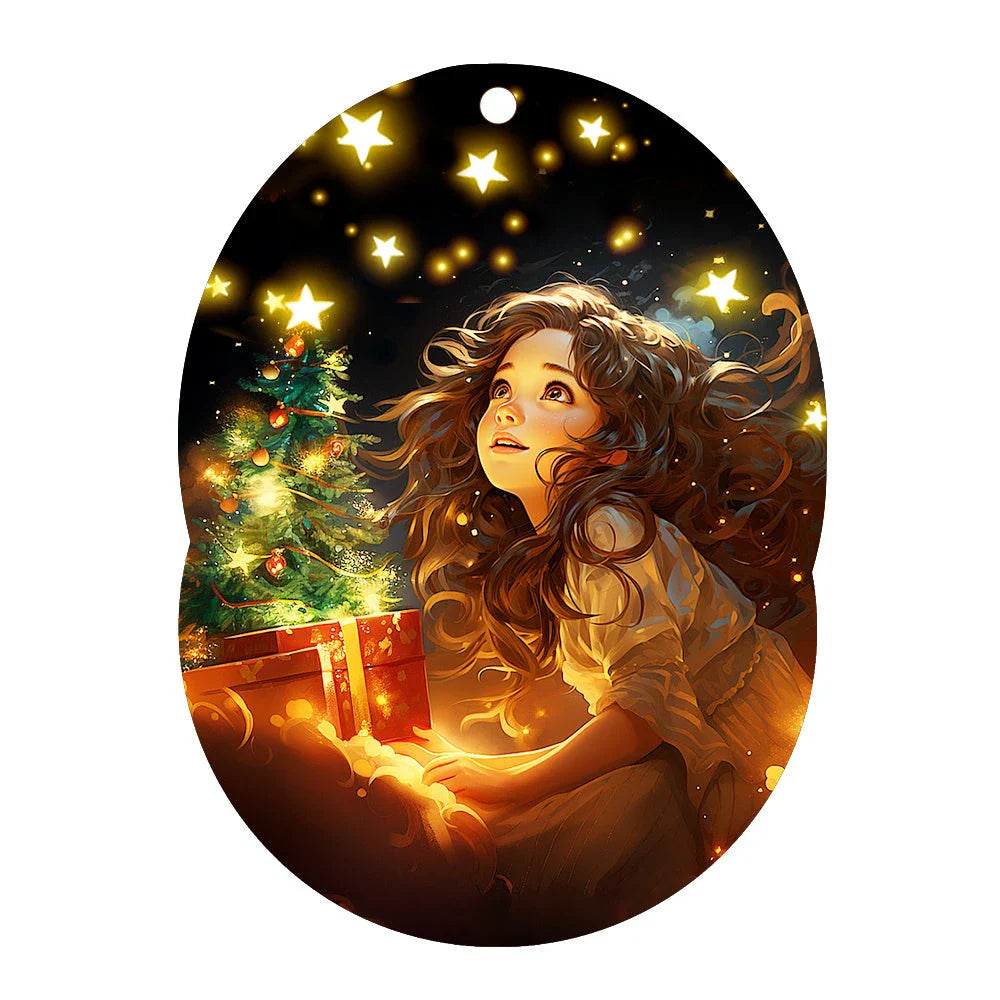 Festive car ornament hanging from rearview mirror with Christmas designs