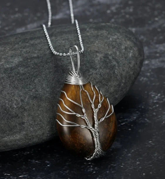 Celtic Tree of Life Necklace with teardrop semi-precious stone pendant