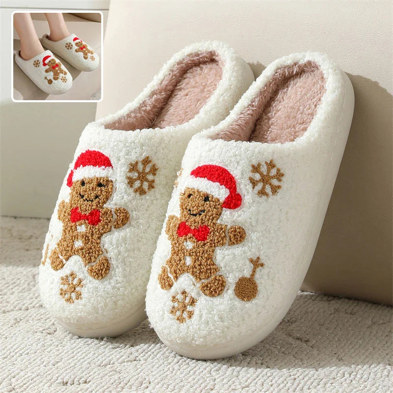 Cozy Christmas snowflake and gingerbread man slippers with plush, non-slip soles for comfortable indoor wear