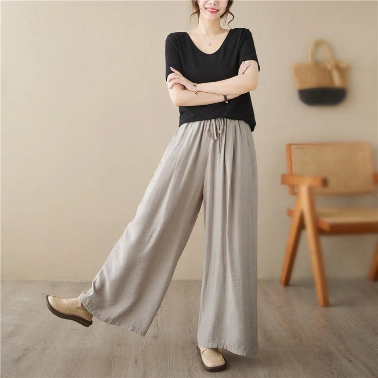 Stylish plus size wide leg straight casual trousers in black, light khaki, and blue green