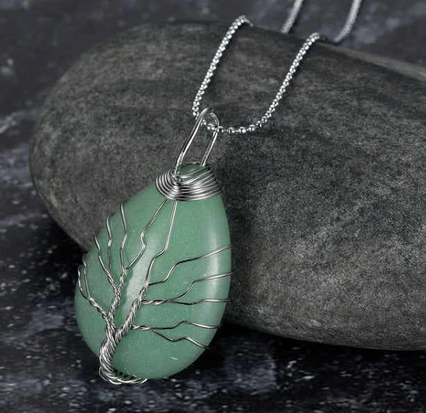 Celtic Tree of Life Necklace with teardrop semi-precious stone pendant