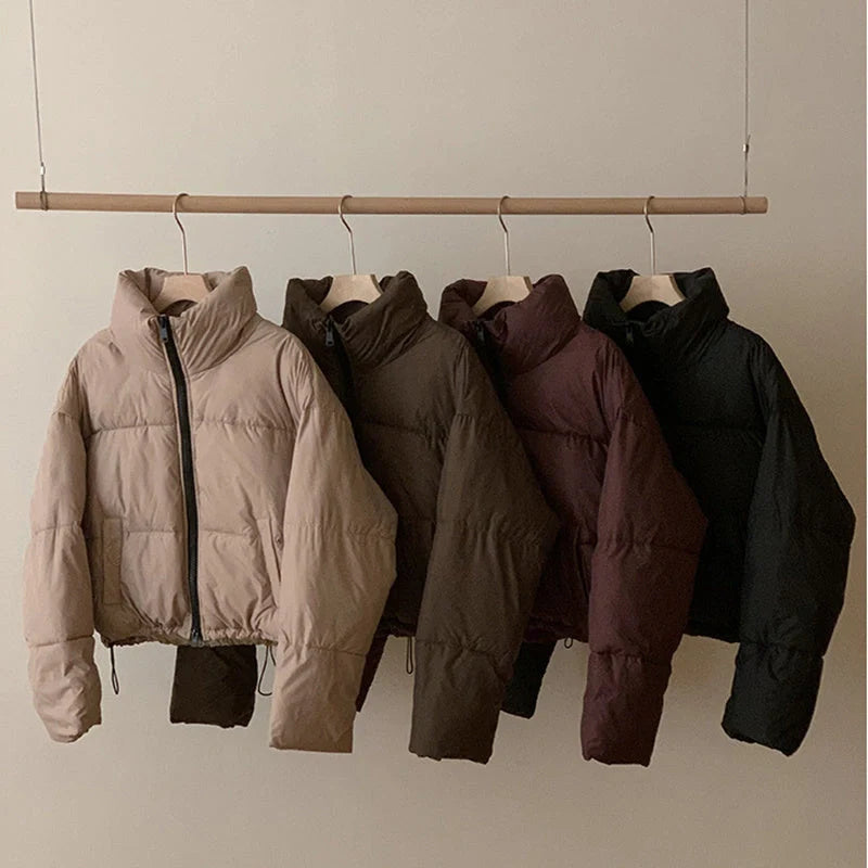 Stylish stand collar cropped parka for women in various colours