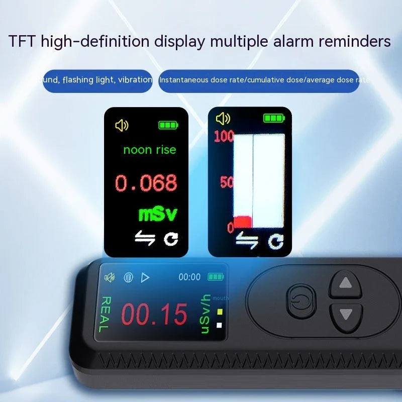Portable nuclear radiation detector with TFT color display, G-M tube, and adjustable alarm settings for precise radiation monitoring