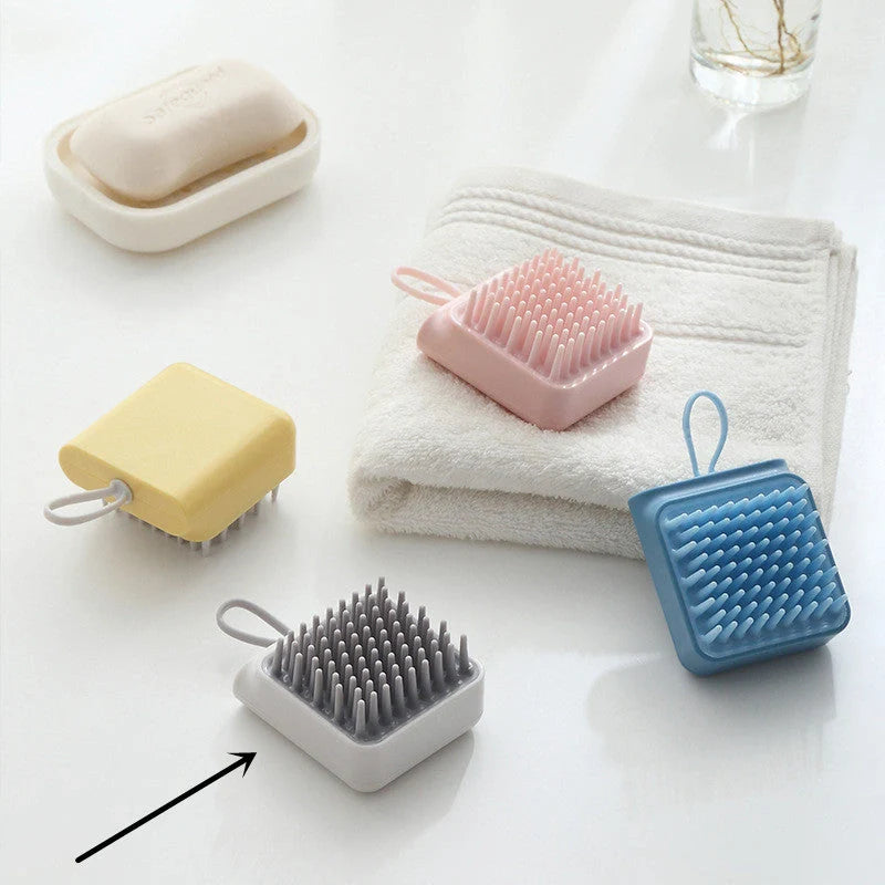 Soft TPR Pet Bath Massage Brush for dogs and cats in white, pink, blue, and yellow