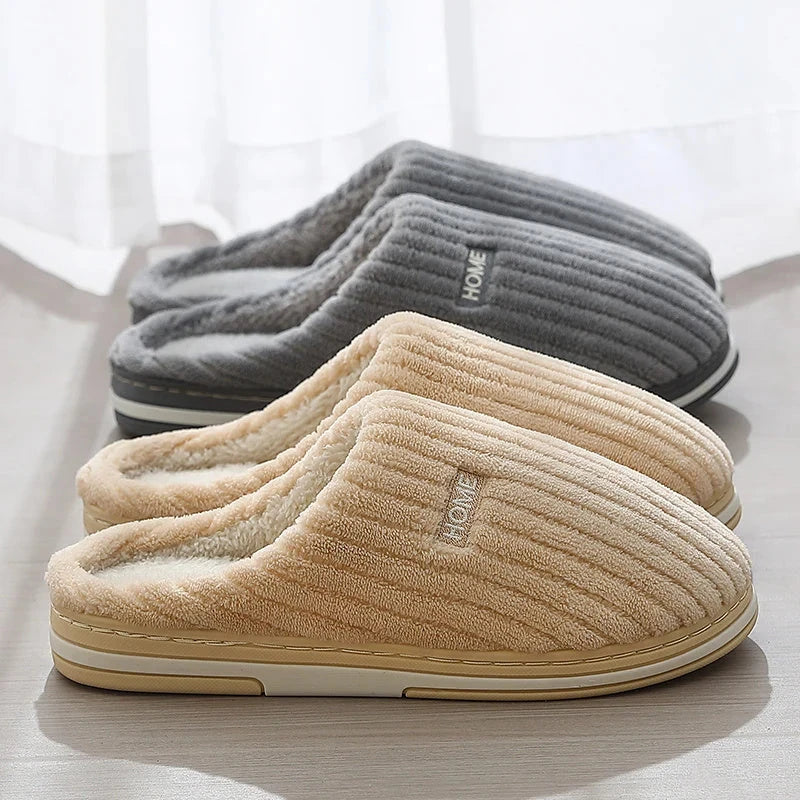 Cozy plush slippers in various colors with non-slip soles for indoor comfort and warmth