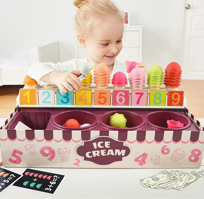 Colorful wooden ice cream kitchen playset with scoops, cash register, and menu cards for educational and imaginative play