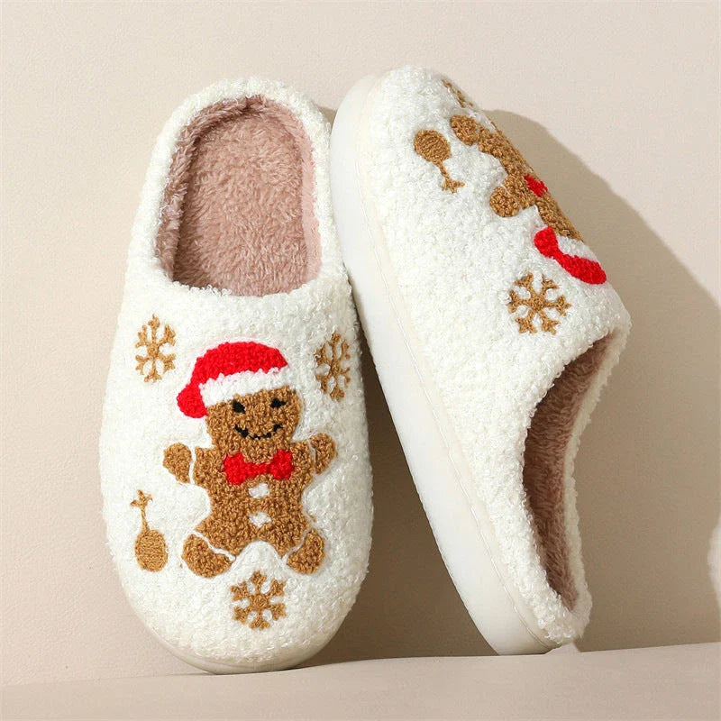 Cozy Christmas snowflake and gingerbread man slippers with plush, non-slip soles for comfortable indoor wear