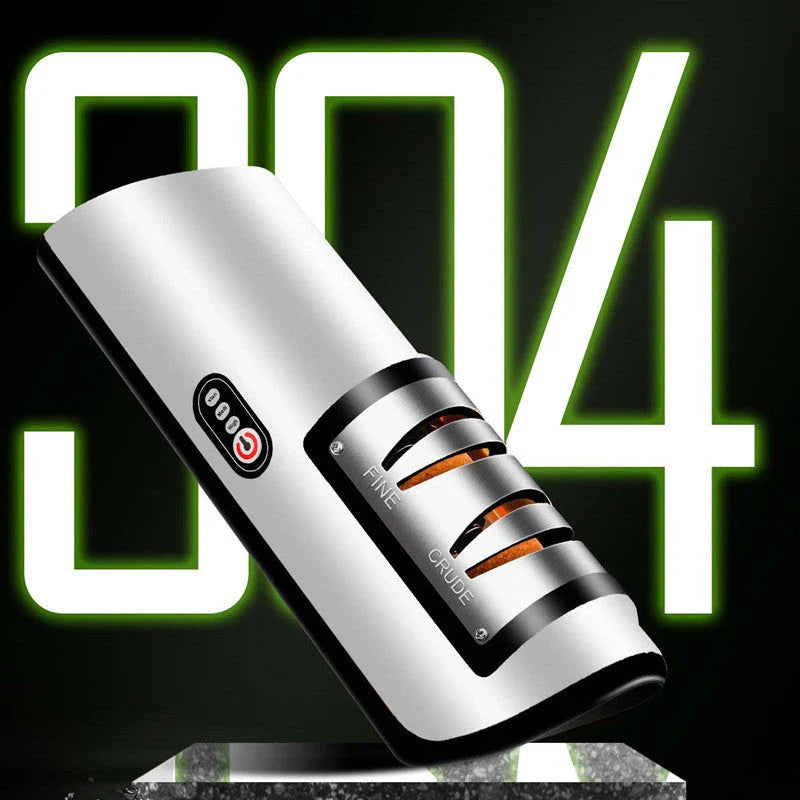 Premium electric knife sharpener with clear, soft-touch surface and precision grinding design for effortless blade sharpening