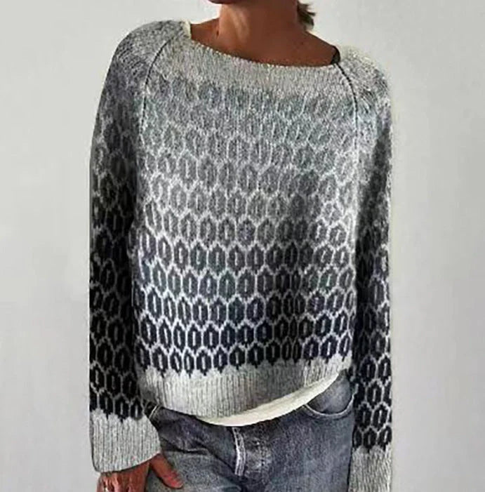 A stylish loose-fit knit jumper with a variety of colourful patterns and designs