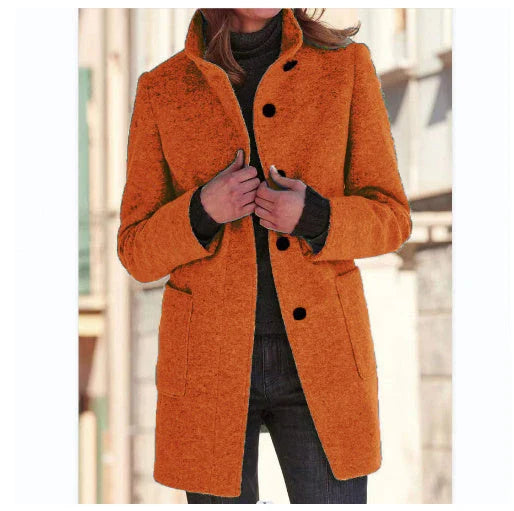 Fashionable wool coat with stand collar and pockets for women's fall/winter outerwear