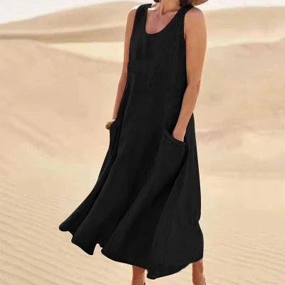 Stylish summer sleeveless long dress with pockets in various colours