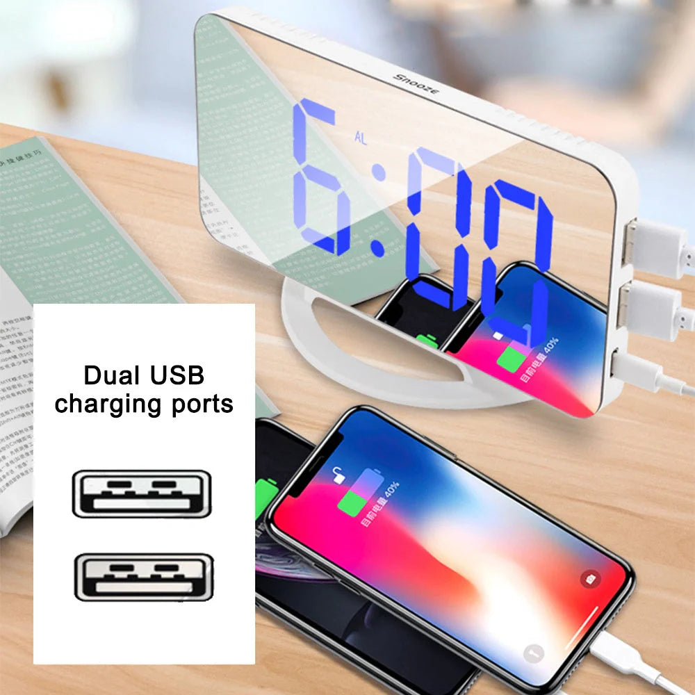 Digital mirror clock with LED display and dual USB ports on a desk