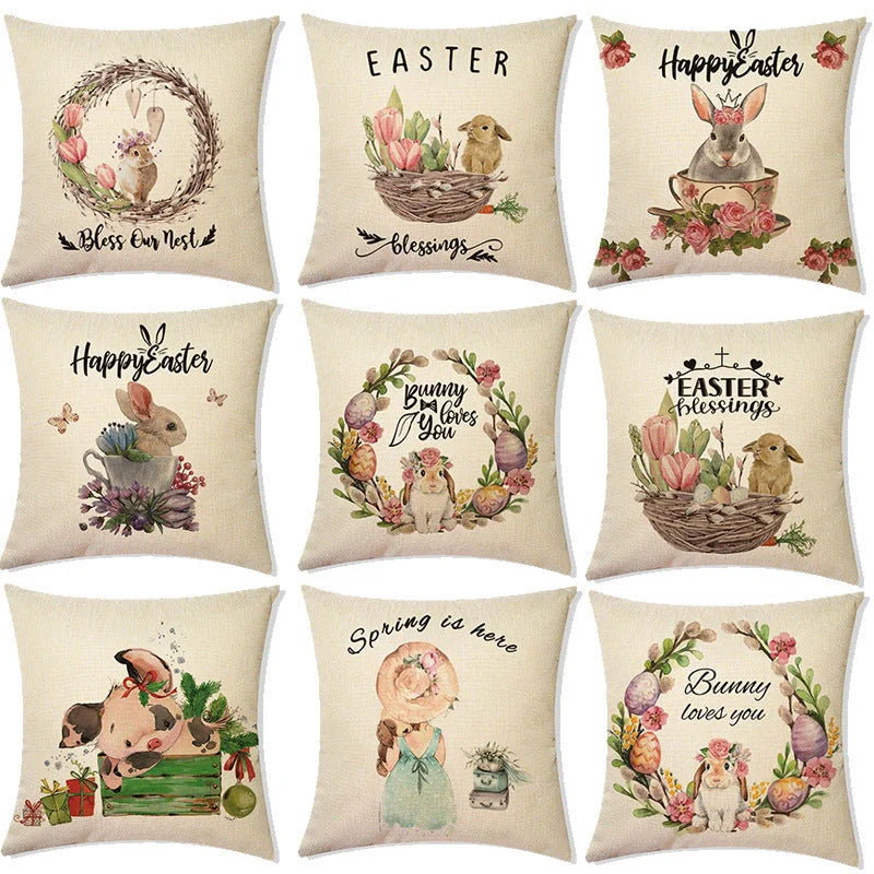 Rabbit Easter Eggs Truck Flower Basket Cushion Cover 45x45cm Nordic Style