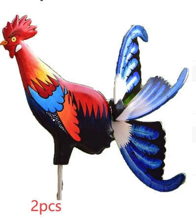 Handmade rooster windmill garden statue with vivid colours and waterproof features