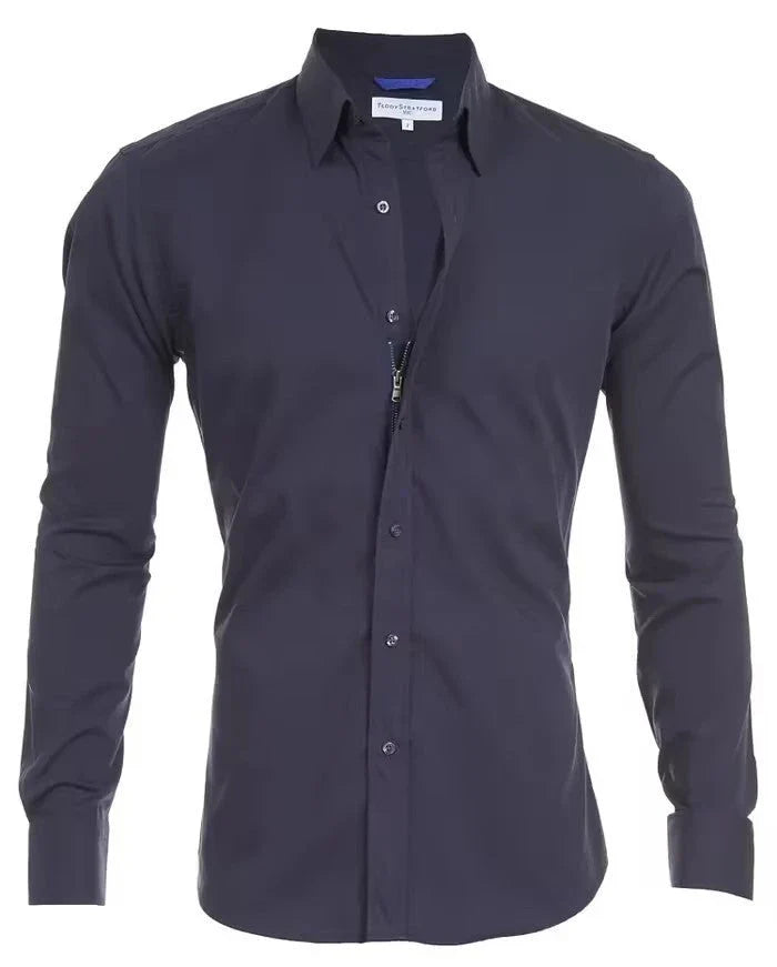 Long sleeve zip-up shirt with button and lapel details in a variety of colors