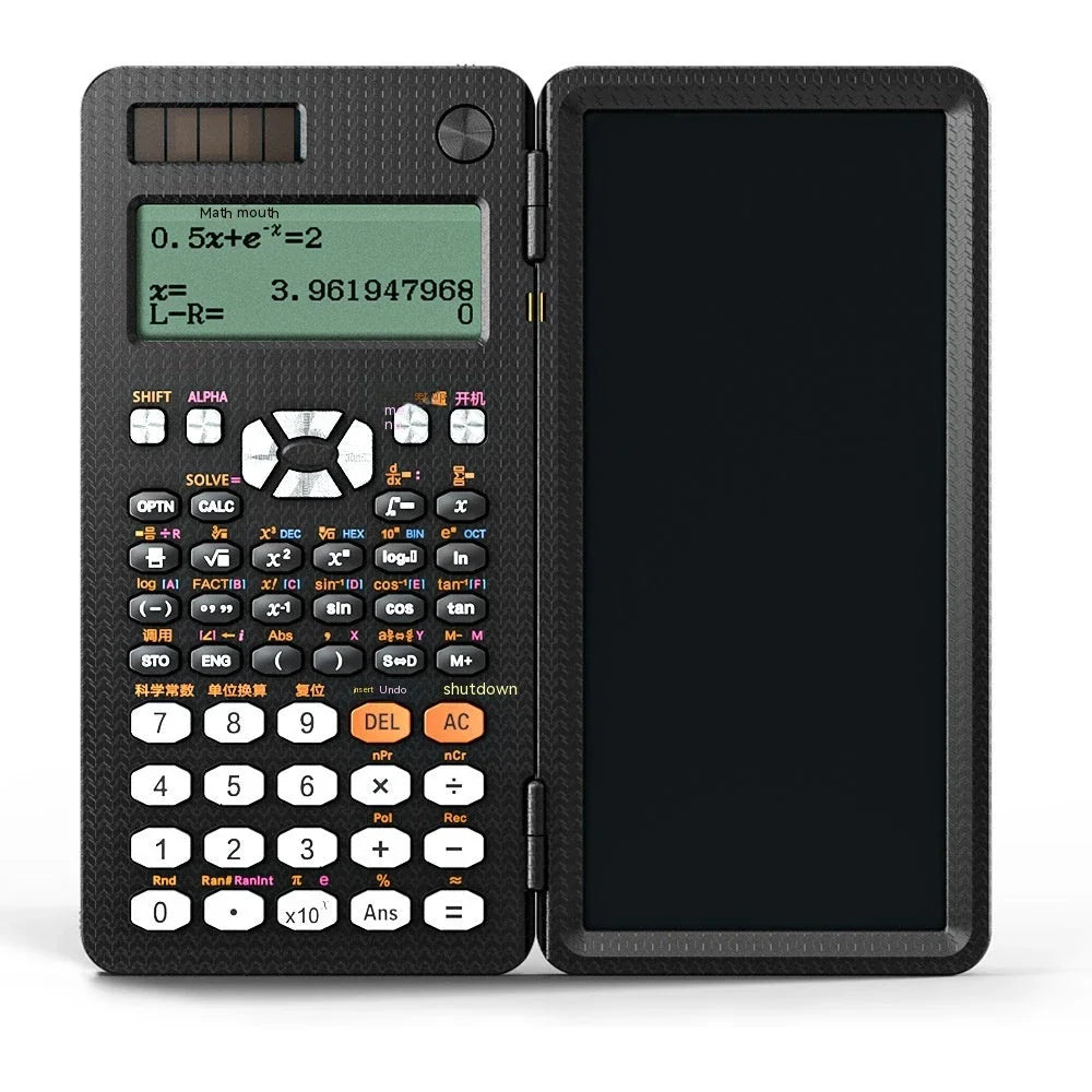Versatile 2-in-1 scientific calculator and digital notepad with foldable design, LCD display, and intuitive button layout