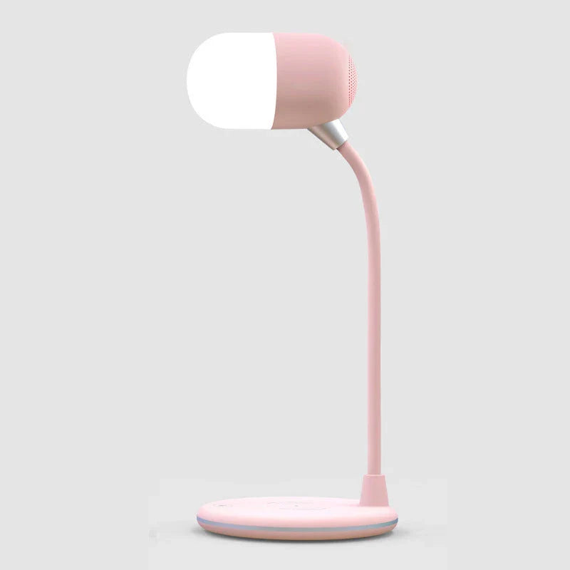Versatile 3-in-1 desk lamp with wireless charging, Bluetooth speaker, and adjustable brightness controls