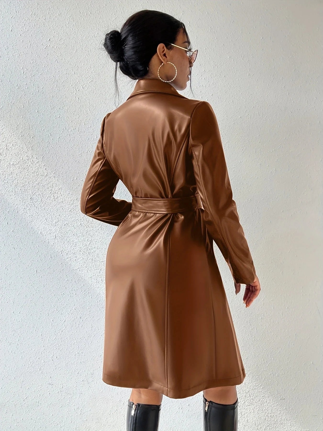 Stylish slim-fit PU leather trench coat for women in various colours, including black, brown, rose red, and wine red.