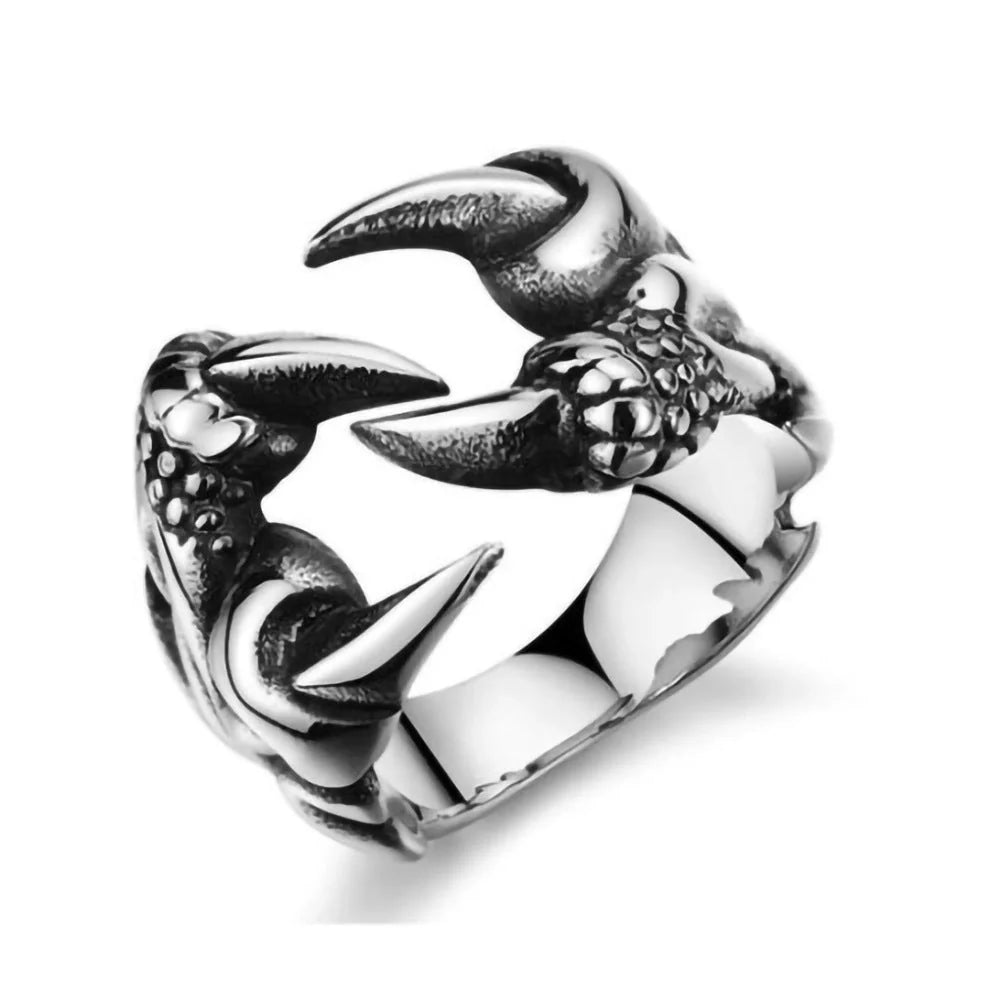 Striking open dragon claw ring made from premium titanium steel, with a lustrous chrome-like finish and adjustable, comfortable fit