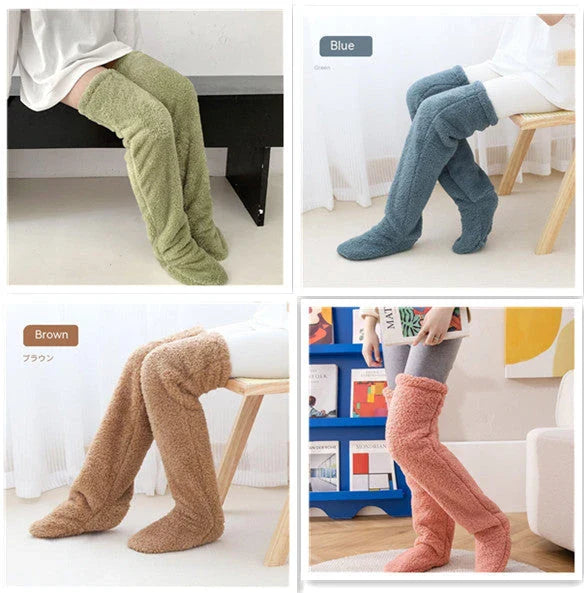 Cozy over-the-knee fuzzy socks in various colors, including brown, blue, dark gray, and pink purple