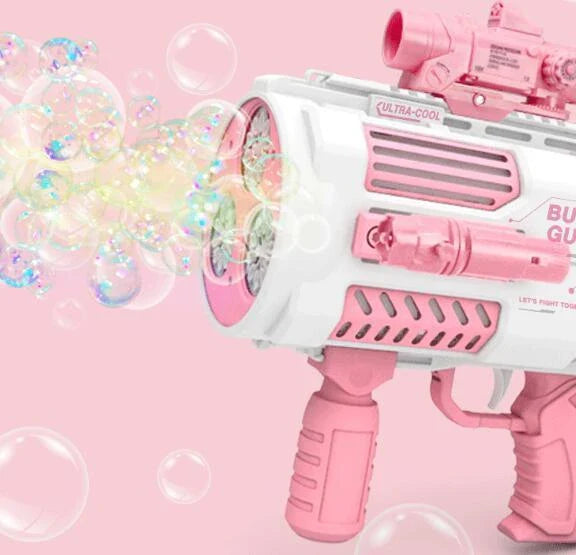 Automatic bubble blaster toy with rocket-shaped design, producing a cloud of colorful bubbles