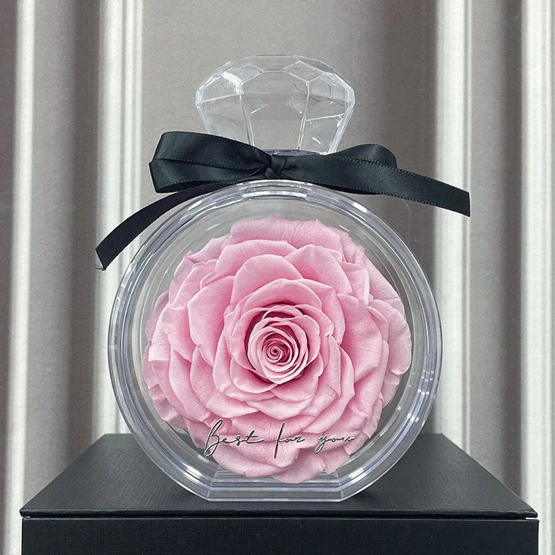 Preserved Rose Flower Ornaments in various colors, including red, pink, plum, and sapphire blue, displayed in a stylish gift box.