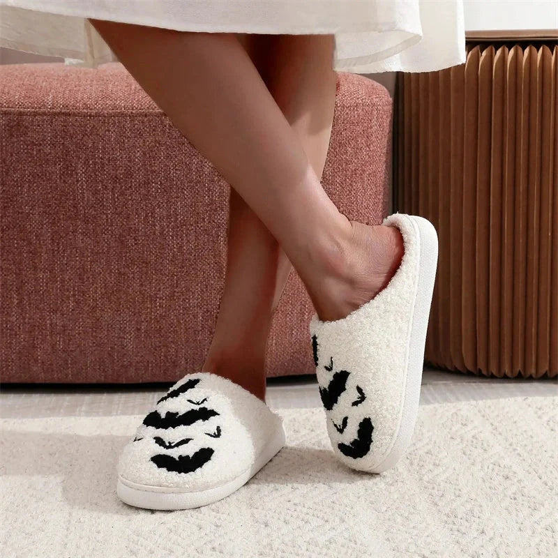 Cosy Bat Slippers for Halloween - Soft Plush Unisex House Shoes in black and white