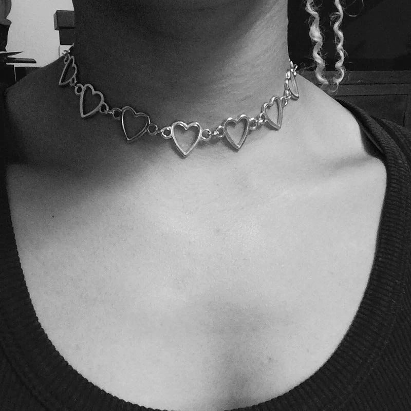 Hollow Korean Sweet Love Heart Choker in silver and gold with adjustable chain