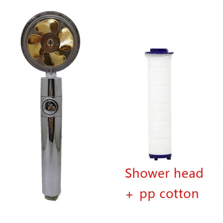 360-degree rotating high-pressure shower head with built-in fan and adjustable water spray