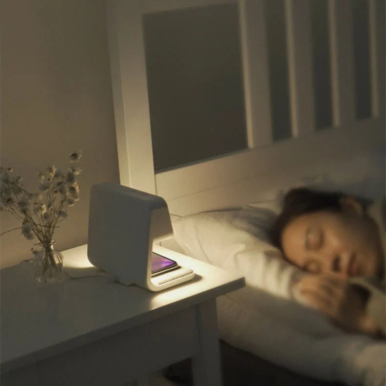 3-in-1 Wireless Charging Bedside Lamp with Adjustable LED Lighting, Alarm Clock, and Wireless Charging Pad