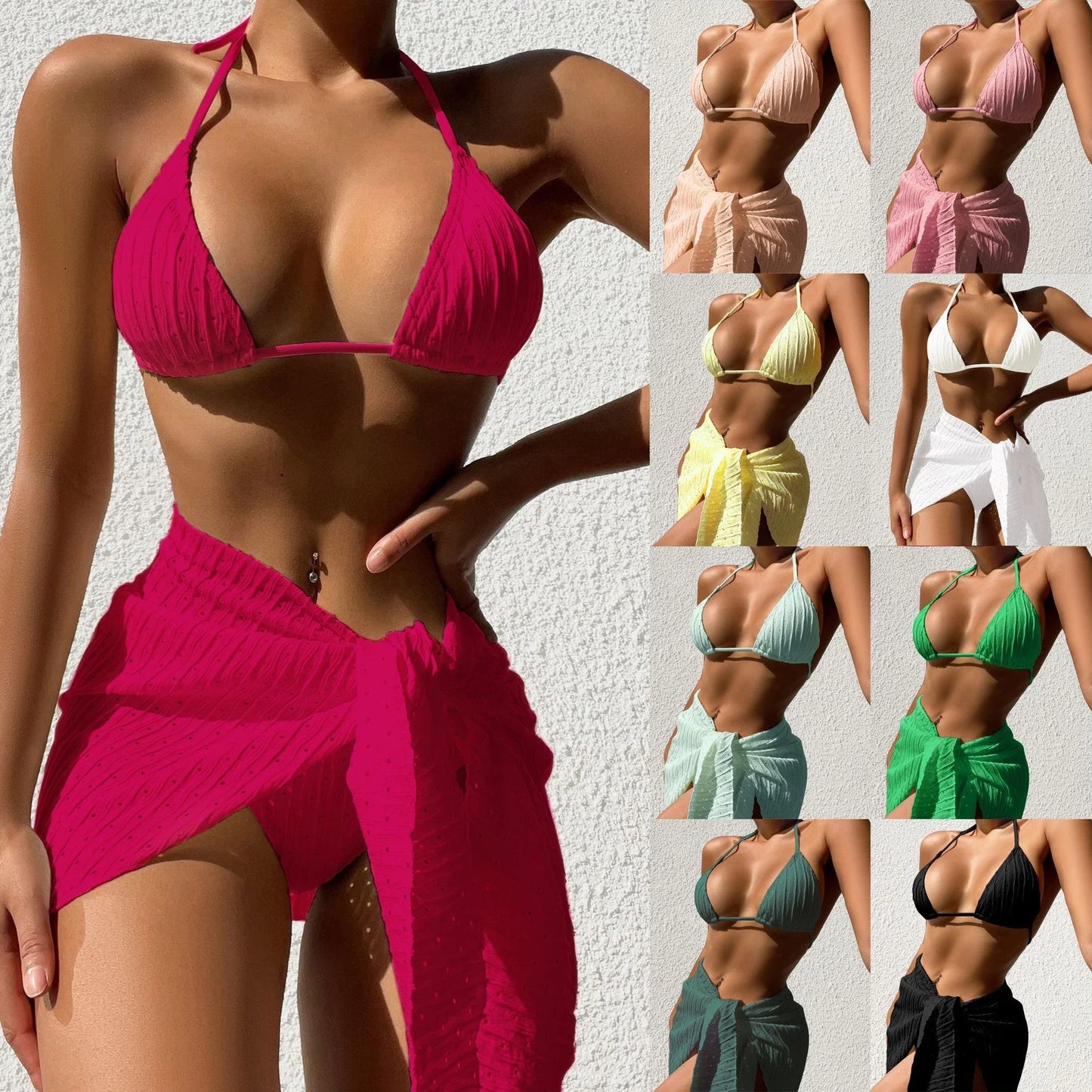 Stylish 3-piece halter swimsuit set in various vibrant colors with backless design and mesh skirt